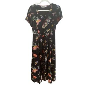 Indira Black Floral Boho Midi Dress Woman's Size Large Button Front Short Sleeve